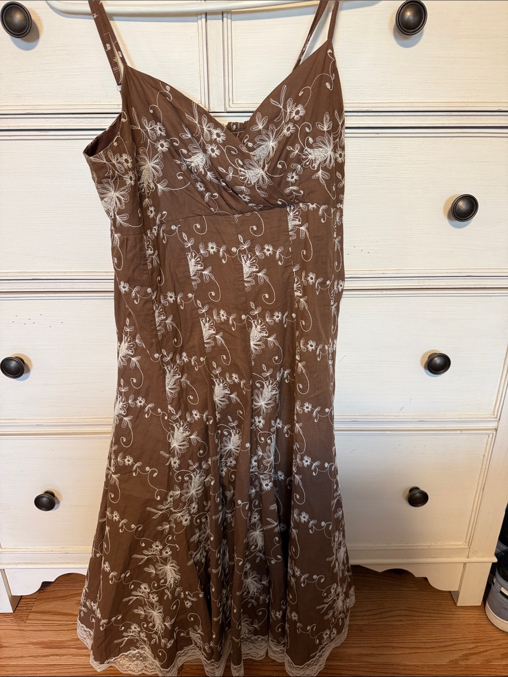 Brown Floral Midi Dress with Delicate White Print